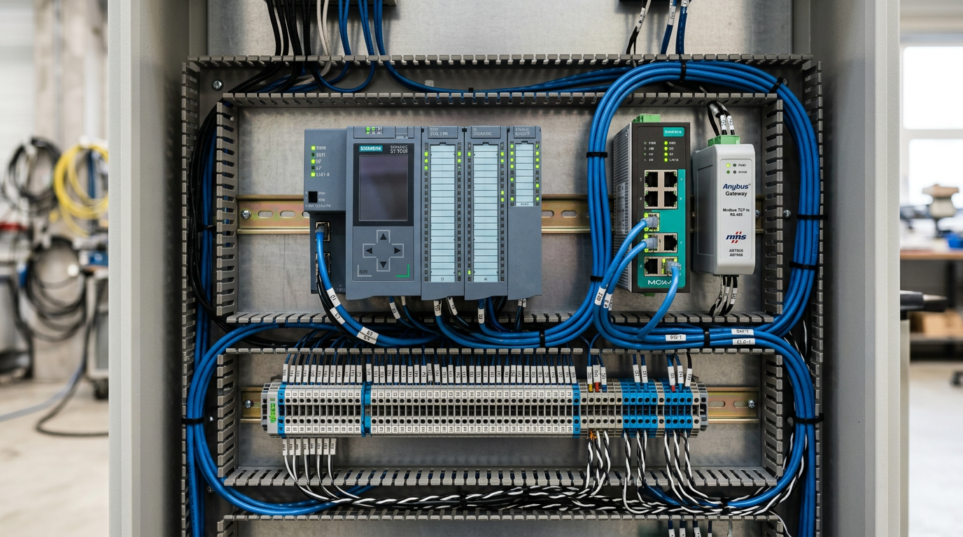 Interno di quadro elettrico con PLC, switch Ethernet e gateway di protocollo